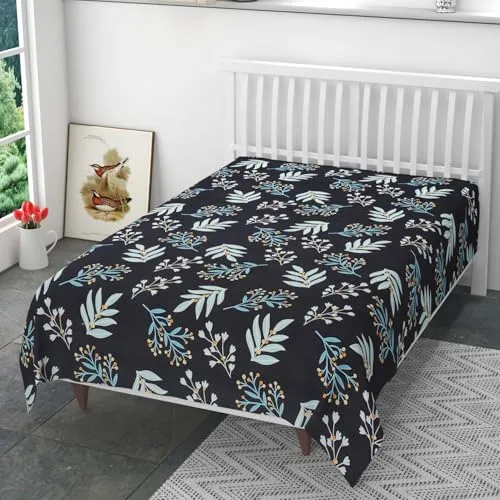 Aaho Decor Glace Cotton Floral Print Elastic Fitted Bedsheet, 183 x 198 x 20 cm (Blck-Aqa-lef)