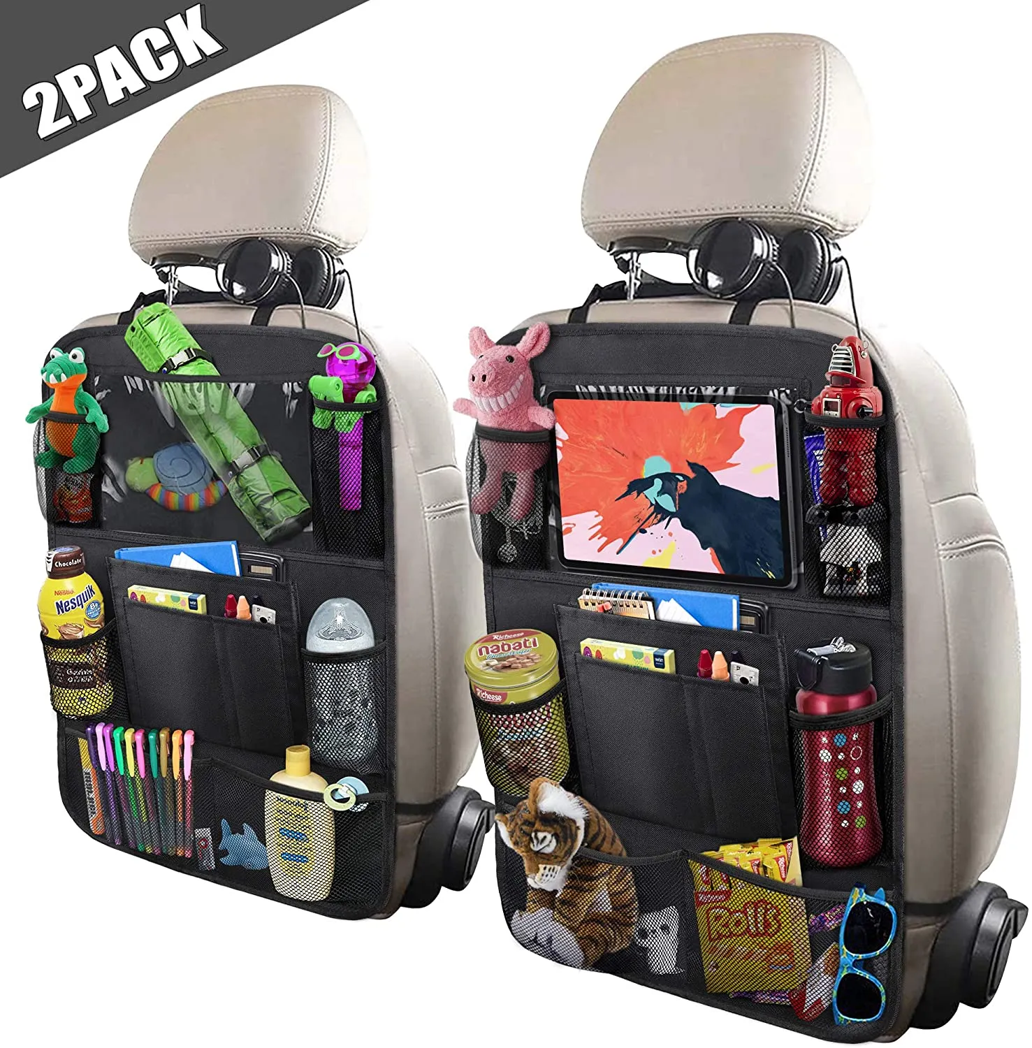 Backseat Organizer with Touch Screen Tablet Holder   9 Storage Pockets