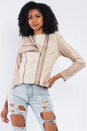 Beige Suede & Vegan Leather Moto Jacket /2-2-2