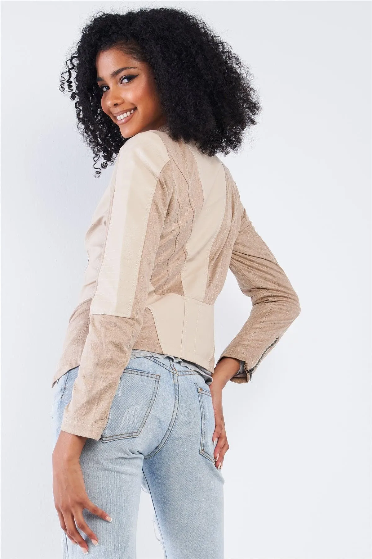 Beige Suede & Vegan Leather Moto Jacket /2-2-2