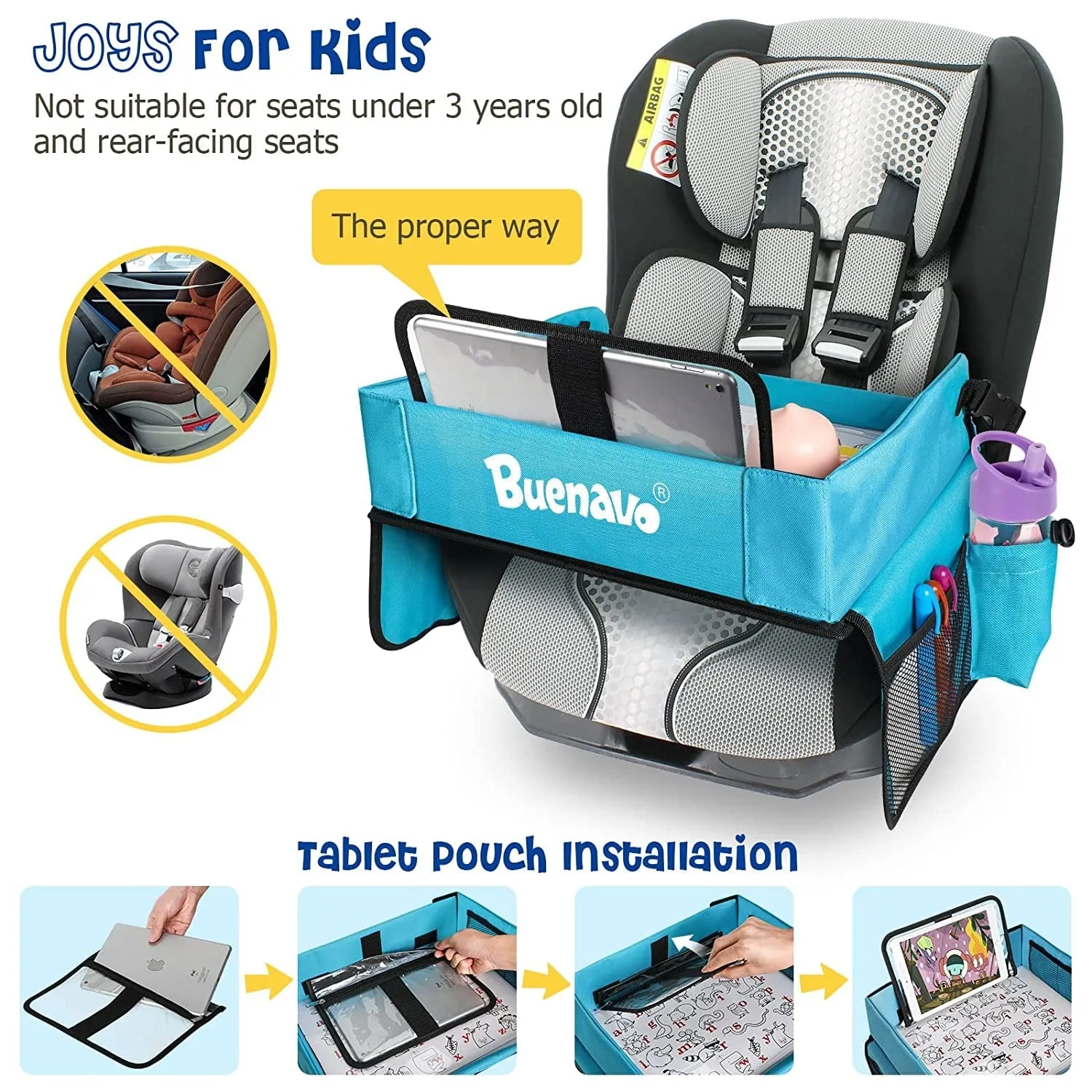 BUENAVO Car Seat Organizer Kids Travel Tray for Kids Toddlers Activities in Car Seat