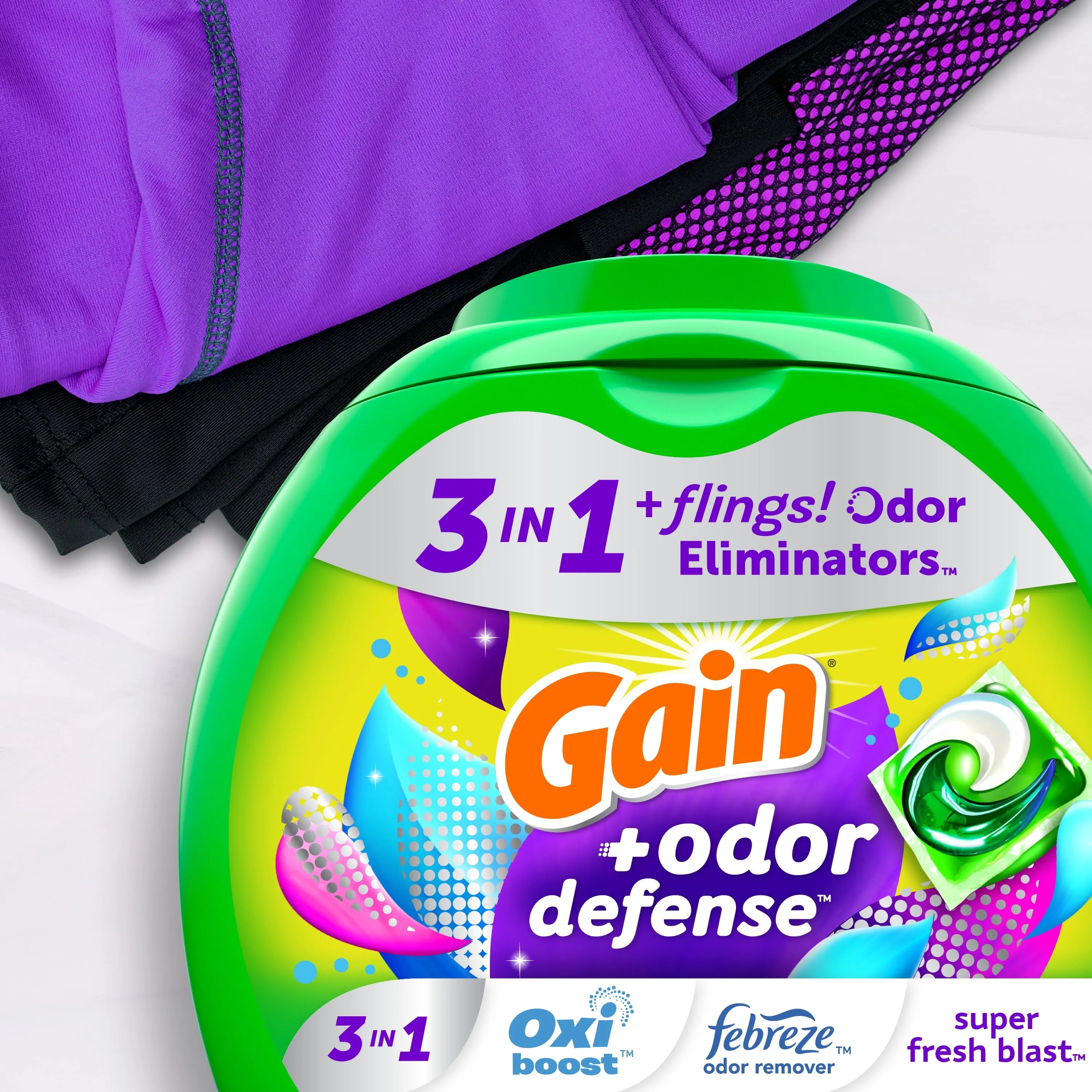 Gain Flings Laundry Detergent Pacs with Odor Defense, 60 Ct, Super Fresh