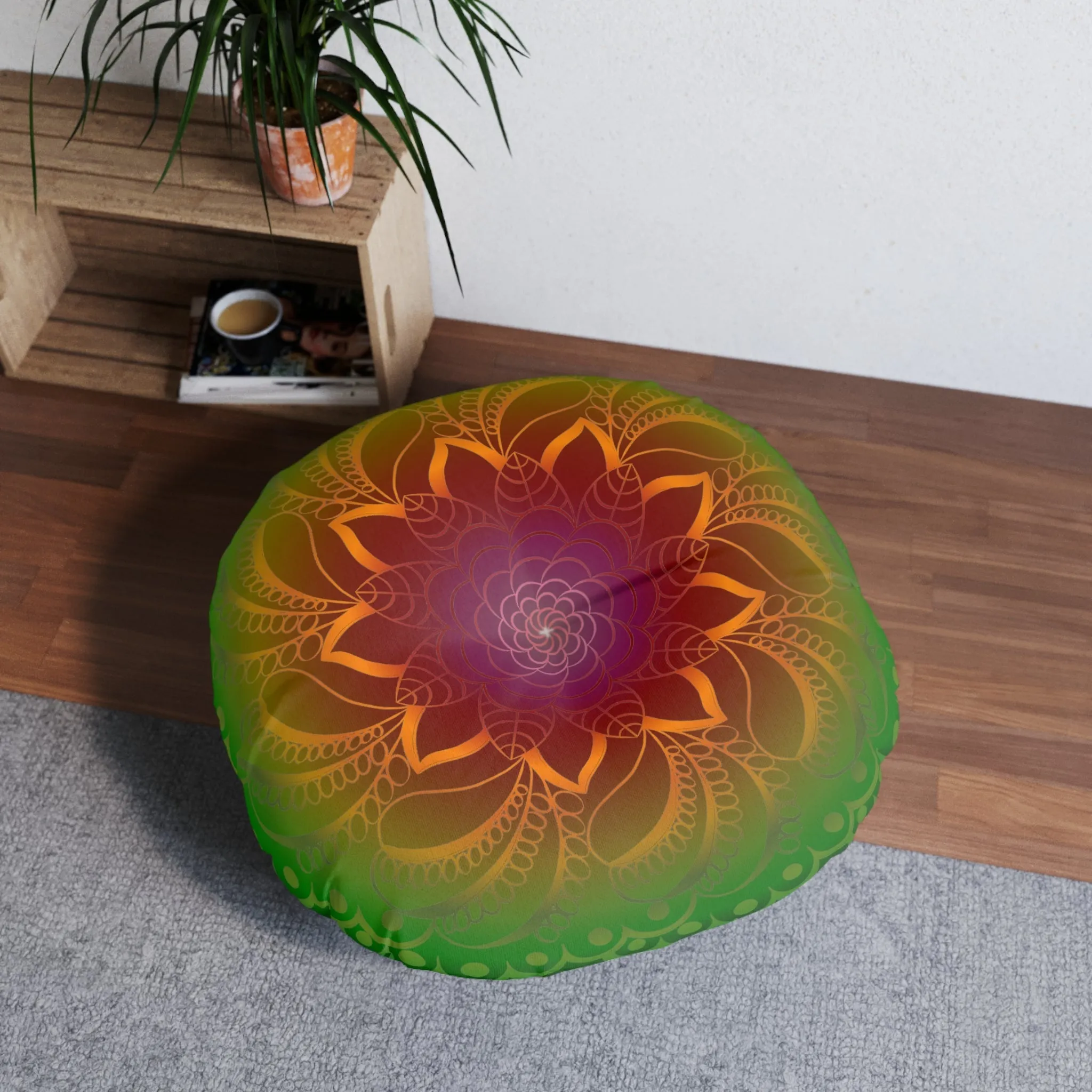 Handmade Mandala Art Rainbow Flower - Tufted Round Floor Cushion