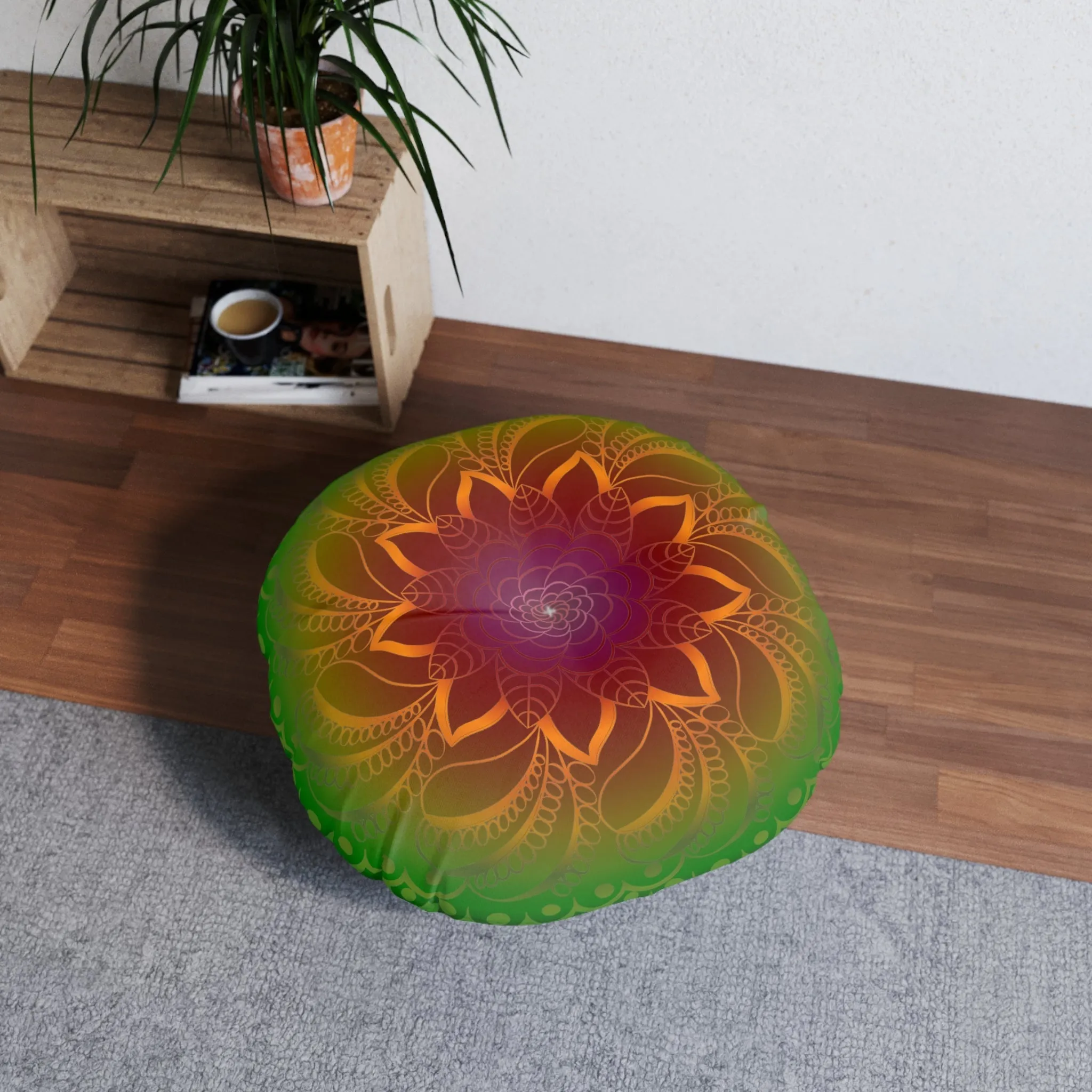 Handmade Mandala Art Rainbow Flower - Tufted Round Floor Cushion