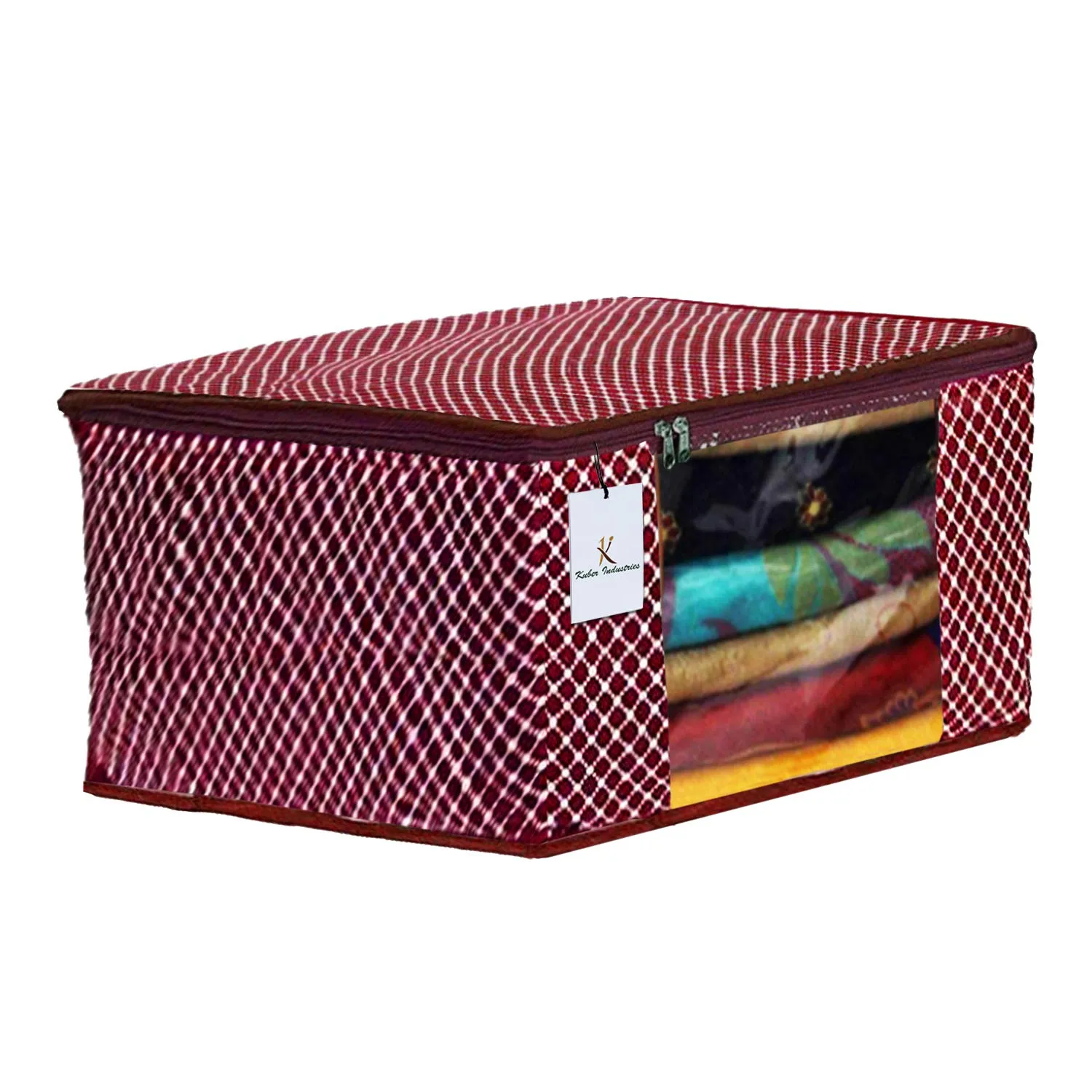 Kuber Industries Cotton 3 Layered Quilted Saree Cover|Polka Dots & Sturdy Material|Zipper Closure & Transparent Window |Pack of 2 (Maroon & Black)