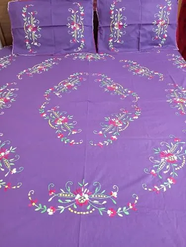 Nice Things Handwork Embroidery Bedsheets 200 Thread Count, Purple Color 2