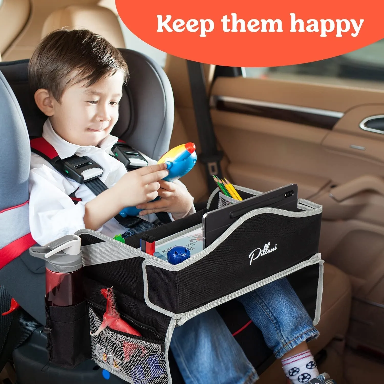 Pillani Kids Travel Tray for Car - Car Seat Tray for Kids Travel, Car Trays for Kids Roadtrip Essentials, Car Seat Table Tray for Kids Road Trip Activities - Toddler Lap Desk Organizer for Carseat