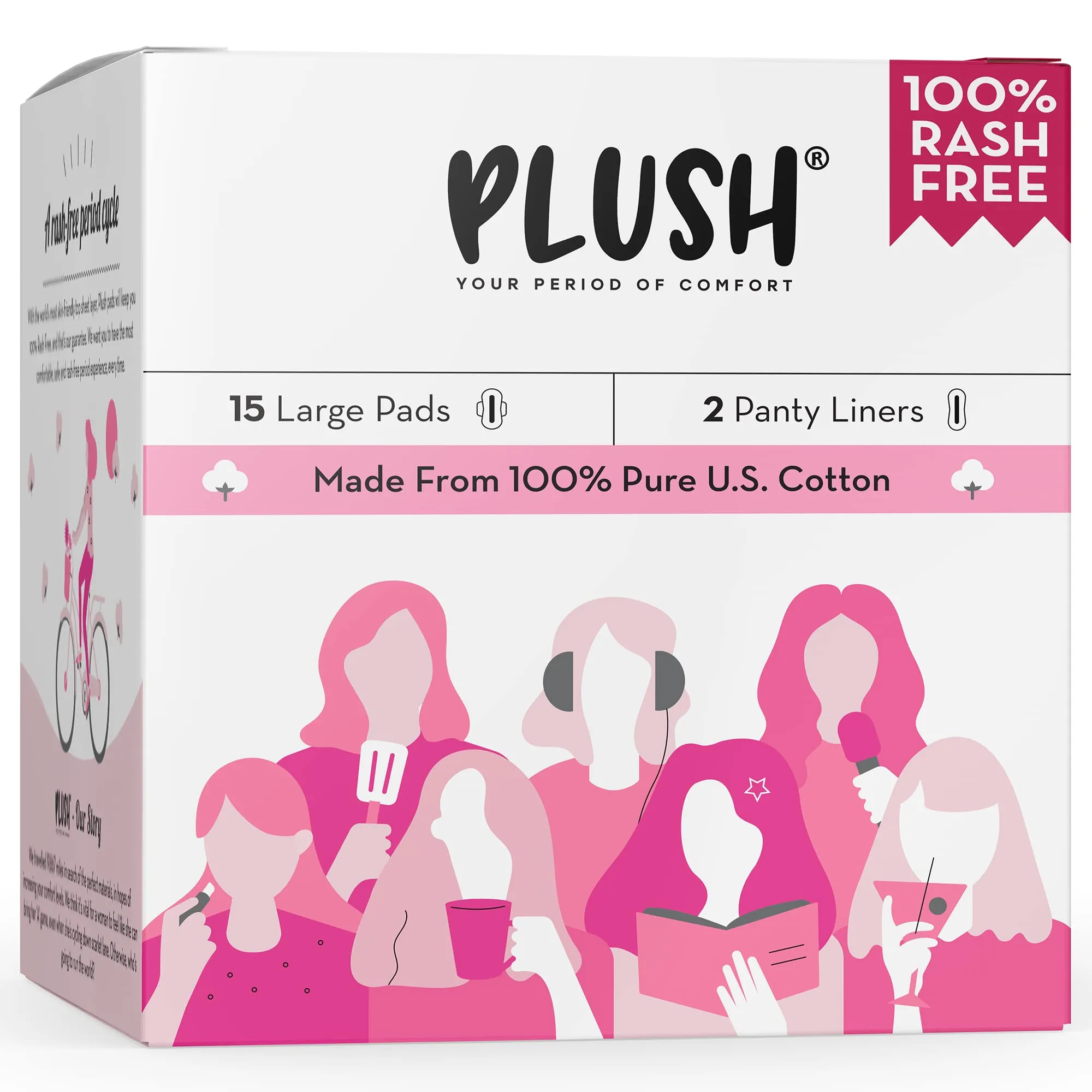 Plush Ultra-Thin Sanitary Pads For Women, 15 Large Natural Cotton Sanitary Napkins | Super Absorbent 15 Medium Flow Pads   2 Panty Liners For Rash Free Periods | Pure U.S. Cotton Pads