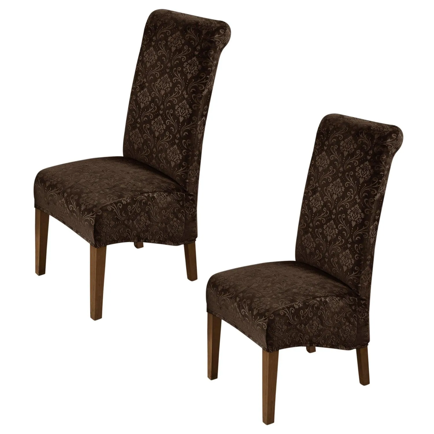 Premium Embossed Velvet Long Back Chair Cover Set of 1/2/4/6, Brown