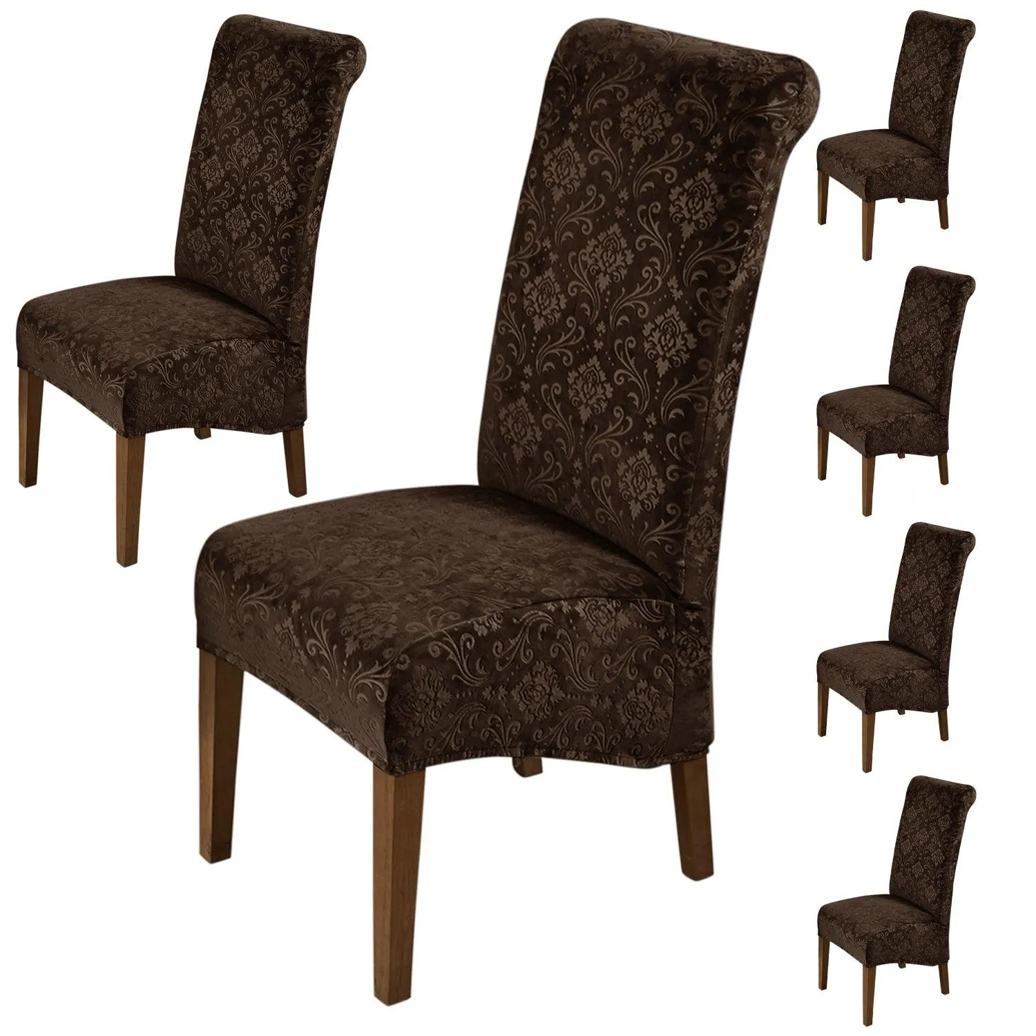 Premium Embossed Velvet Long Back Chair Cover Set of 1/2/4/6, Brown