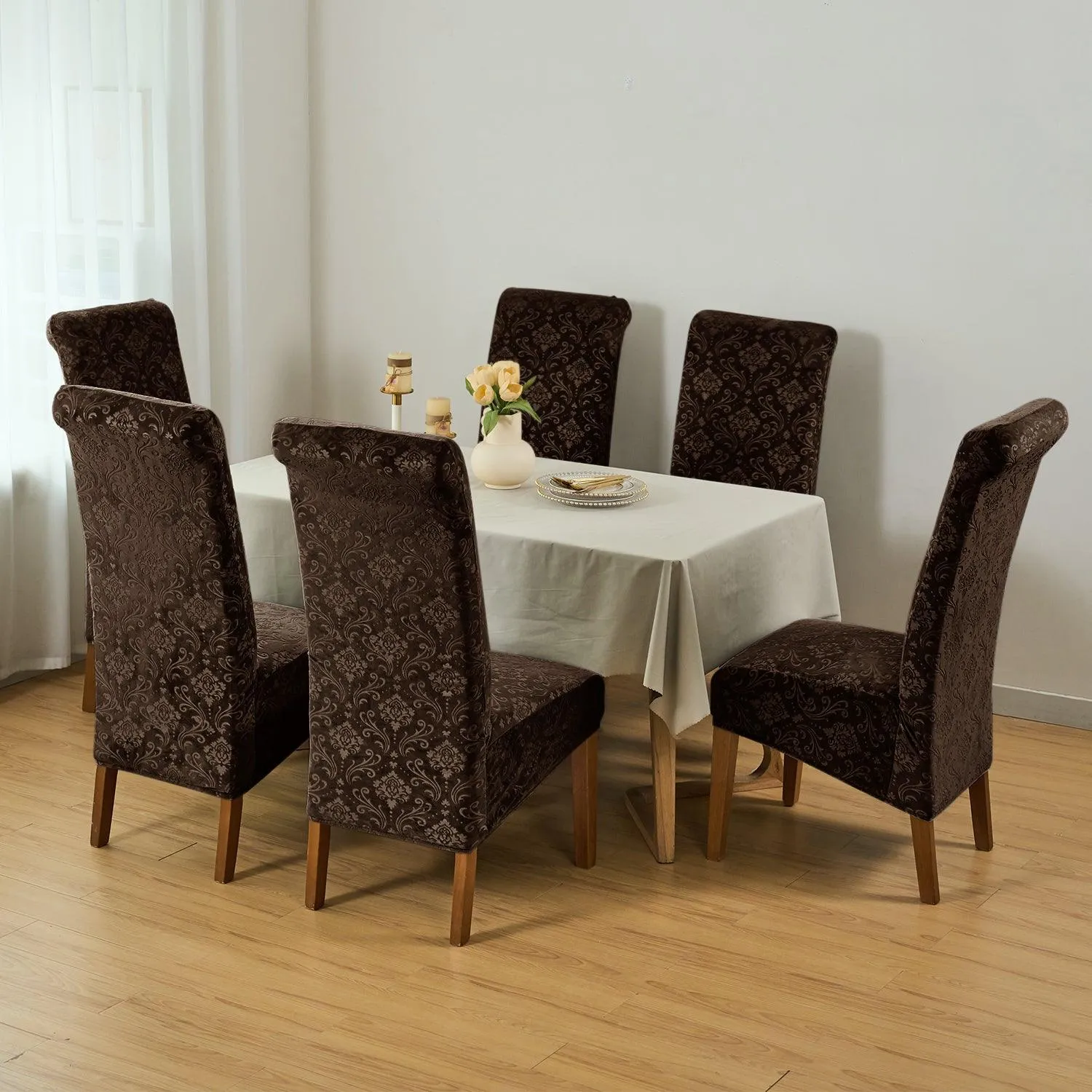 Premium Embossed Velvet Long Back Chair Cover Set of 1/2/4/6, Brown