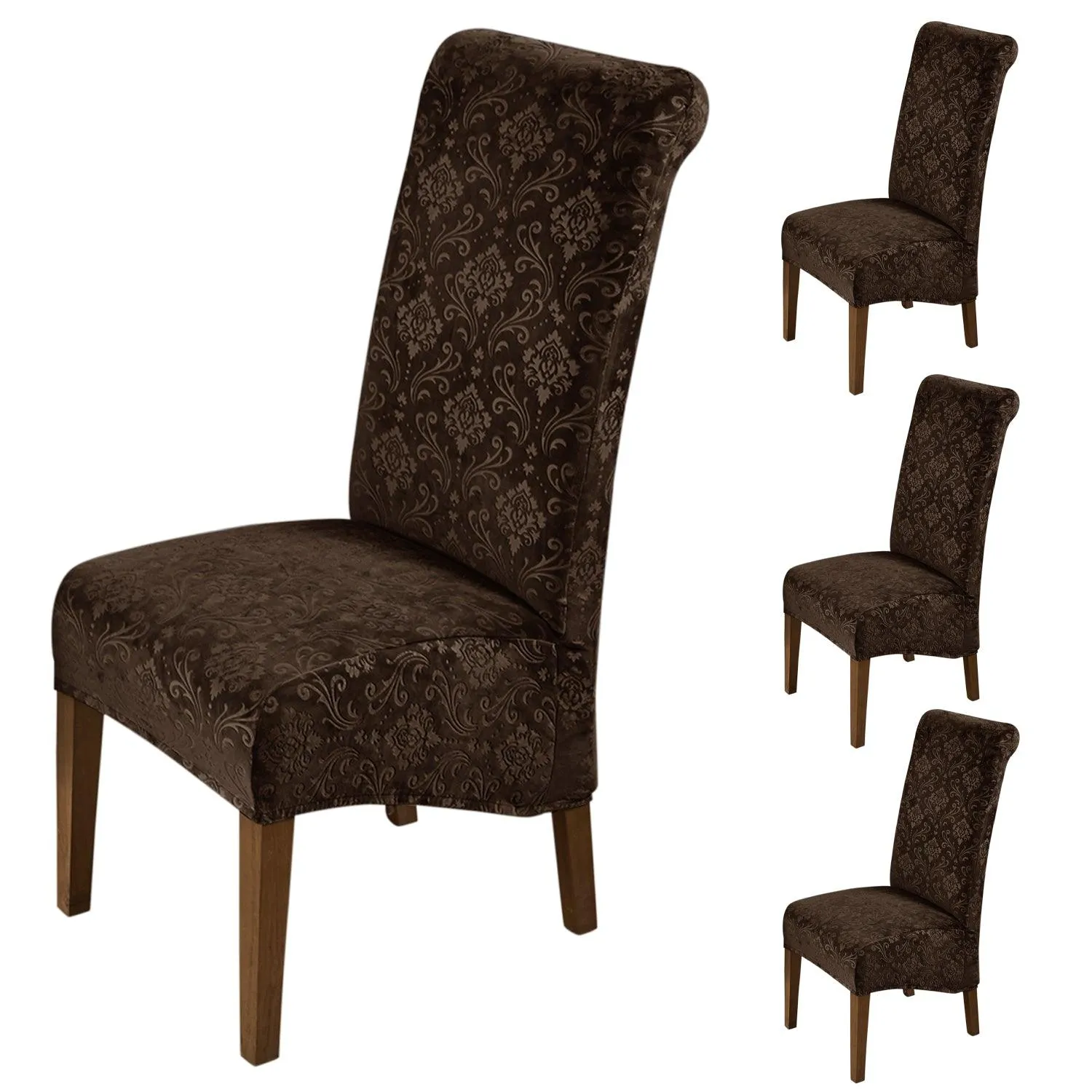 Premium Embossed Velvet Long Back Chair Cover Set of 1/2/4/6, Brown