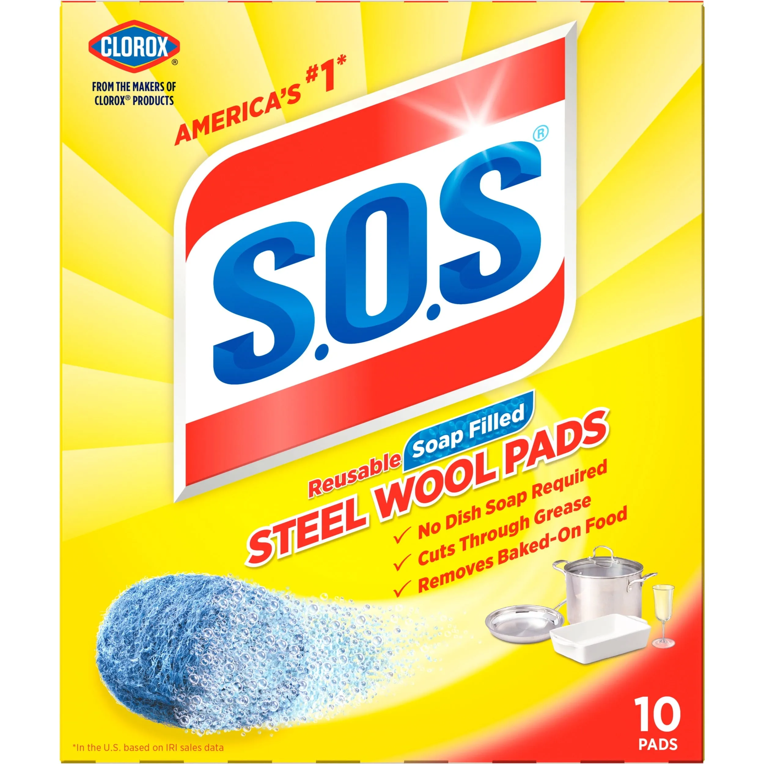 S.O.S Steel Wool Dish Scrubber Pads, 10 Pack