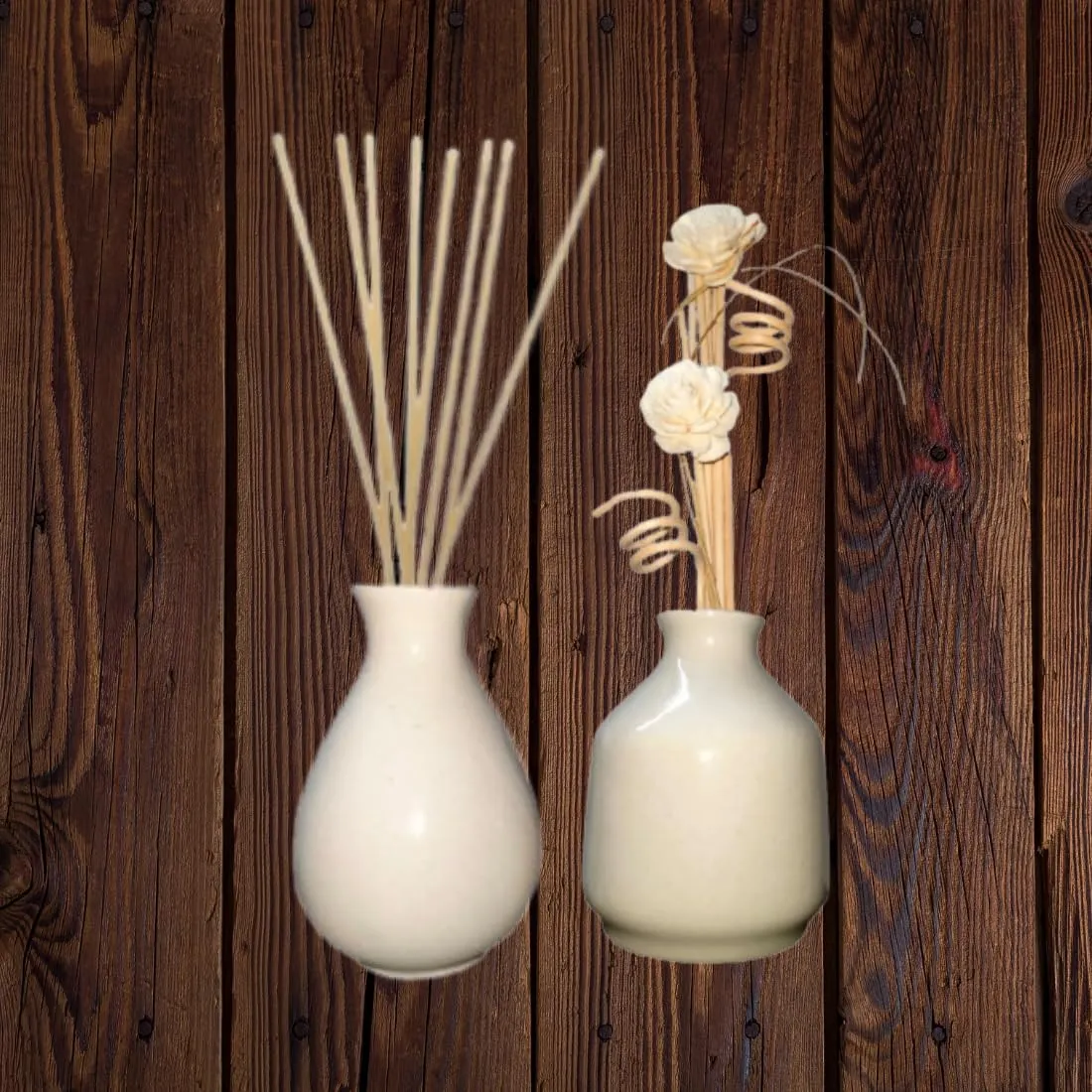 Zamfony Two Ceramic Diffuser Set with 10 Natural Reed Sticks and 6 Flower Stick for Home Decor Products (Ivory)(Note:Oil not Included)